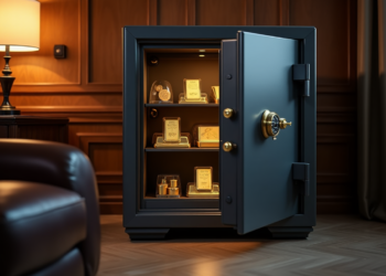 An open safe in a dimly lit room reveals gold bars and coins on its shelves. A leather chair sits nearby, and a lamp on a small table casts a warm glow, highlighting the wooden paneling on the walls. | GoldZeus.com