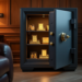 An open safe in a dimly lit room reveals gold bars and coins on its shelves. A leather chair sits nearby, and a lamp on a small table casts a warm glow, highlighting the wooden paneling on the walls. | GoldZeus.com