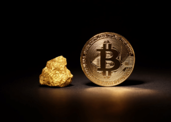 A shiny gold Bitcoin coin stands upright on a dark surface, illuminated to highlight its intricate design. To its left, a small piece of raw gold rests, also brightly lit against the black background. | GoldZeus.com