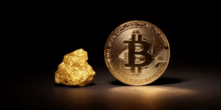 A shiny gold Bitcoin coin stands upright on a dark surface, illuminated to highlight its intricate design. To its left, a small piece of raw gold rests, also brightly lit against the black background. | GoldZeus.com