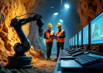 A robotic arm operates in an underground tunnel, crucial for gold mining operations. Two engineers wearing orange safety vests and helmets discuss while looking at a tablet. A row of computers displays geological data. The tunnel is illuminated with overhead lights, ensuring clear visibility.
. | GoldZeus.com