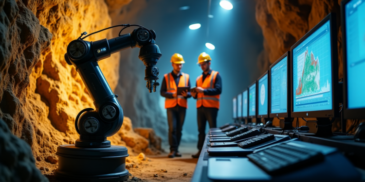 A robotic arm operates in an underground tunnel, crucial for gold mining operations. Two engineers wearing orange safety vests and helmets discuss while looking at a tablet. A row of computers displays geological data. The tunnel is illuminated with overhead lights, ensuring clear visibility.
. | GoldZeus.com