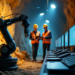 A robotic arm operates in an underground tunnel, crucial for gold mining operations. Two engineers wearing orange safety vests and helmets discuss while looking at a tablet. A row of computers displays geological data. The tunnel is illuminated with overhead lights, ensuring clear visibility.
. | GoldZeus.com