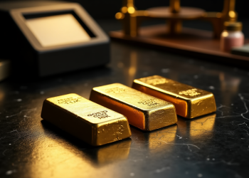 Three gold bars rest on a polished black marble surface, with a digital scale, balance scale, and small containers blurred in the background, capturing the essence of Gold Purity Decoded in the weighing and valuing of precious metals. | GoldZeus.com