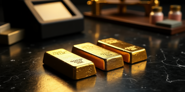 Three gold bars rest on a polished black marble surface, with a digital scale, balance scale, and small containers blurred in the background, capturing the essence of Gold Purity Decoded in the weighing and valuing of precious metals. | GoldZeus.com