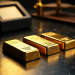 Three gold bars rest on a polished black marble surface, with a digital scale, balance scale, and small containers blurred in the background, capturing the essence of Gold Purity Decoded in the weighing and valuing of precious metals. | GoldZeus.com