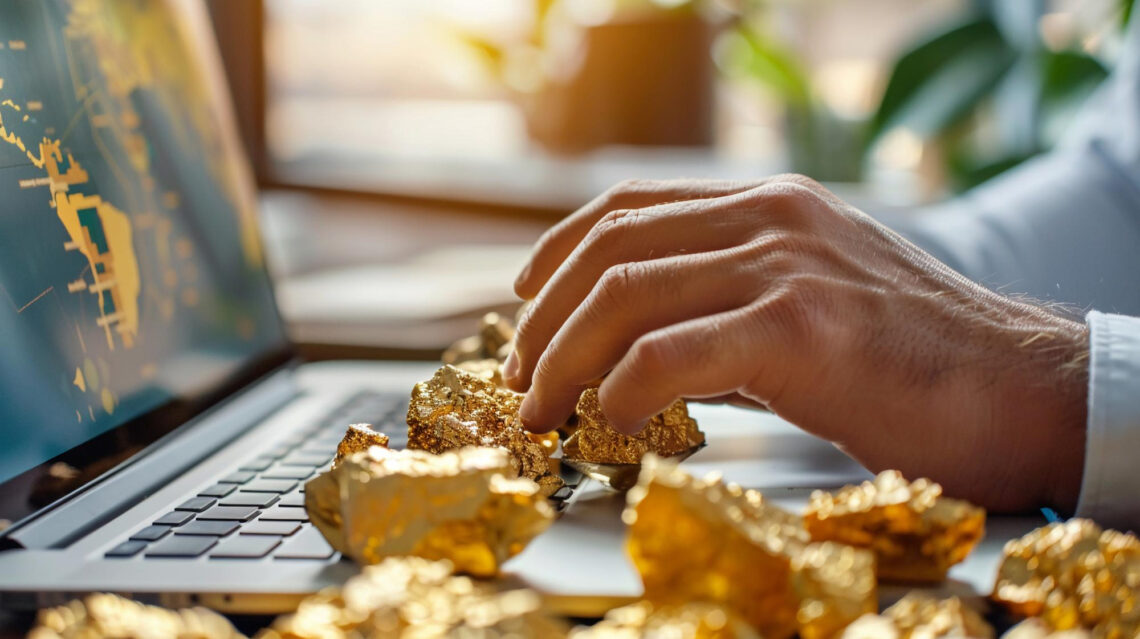 A person’s hand types on a laptop keyboard, surrounded by several large gold nuggets, highlighting the appeal of Physical Gold Investments, with sunlight and a chart visible in the background. | GoldZeus.com