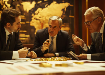 Three men in suits sit around a table covered with gold coins and documents, engaged in a serious discussion in a dimly lit office with a large world map on the wall behind them. | GoldZeus.com