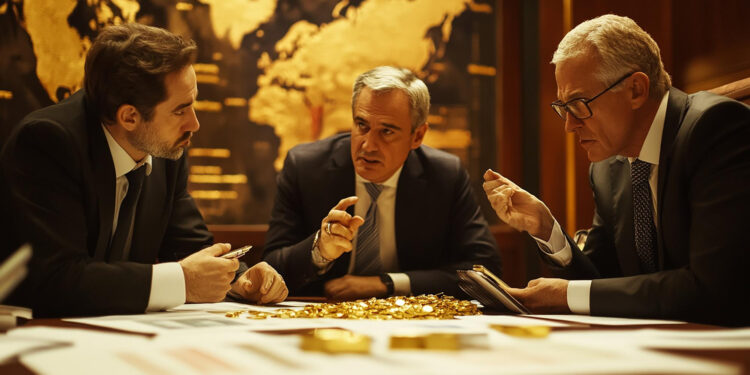 Three men in suits sit around a table covered with gold coins and documents, engaged in a serious discussion in a dimly lit office with a large world map on the wall behind them. | GoldZeus.com