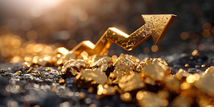 A golden, upward-pointing arrow sits among shiny gold nuggets on a blurred, sparkling surface, symbolizing financial growth or rising gold value. | GoldZeus.com