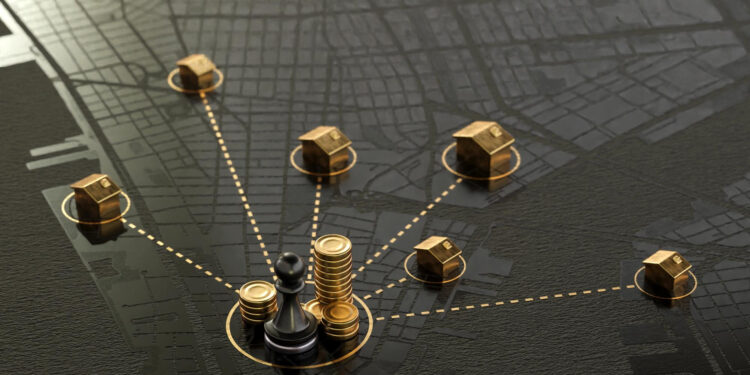 A black chess king and stacked gold coins are surrounded by five small house models, all connected by dotted lines on a dark map, symbolizing real estate investment or property management strategy. | GoldZeus.com
