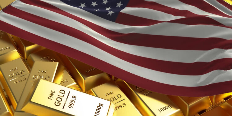 Several gold bars are stacked together, with an American flag draped over them. The gold bars are marked as "Fine Gold 999.9" and "1000g. | GoldZeus.com