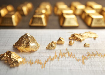 Several gold nuggets are placed on a financial chart showing an upward trend, with gold bars blurred in the background, suggesting the concept of gold value and investment growth. | GoldZeus.com