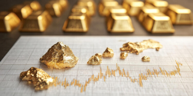 Several gold nuggets are placed on a financial chart showing an upward trend, with gold bars blurred in the background, suggesting the concept of gold value and investment growth. | GoldZeus.com