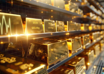 Rows of shiny gold bars stacked on shelves in a secure, modern vault, with digital glows and light reflections highlighting the luxurious atmosphere. | GoldZeus.com