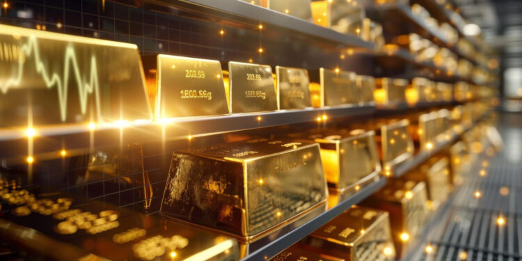 Rows of shiny gold bars stacked on shelves in a secure, modern vault, with digital glows and light reflections highlighting the luxurious atmosphere. | GoldZeus.com