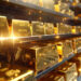 Rows of shiny gold bars stacked on shelves in a secure, modern vault, with digital glows and light reflections highlighting the luxurious atmosphere. | GoldZeus.com