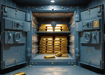 An open bank vault with thick metal doors reveals stacks of shiny gold bars neatly arranged inside, with a few gold bars lying on the floor in front of the vault. | GoldZeus.com