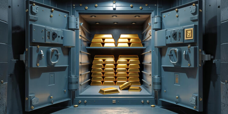 An open bank vault with thick metal doors reveals stacks of shiny gold bars neatly arranged inside, with a few gold bars lying on the floor in front of the vault. | GoldZeus.com