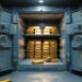 An open bank vault with thick metal doors reveals stacks of shiny gold bars neatly arranged inside, with a few gold bars lying on the floor in front of the vault. | GoldZeus.com