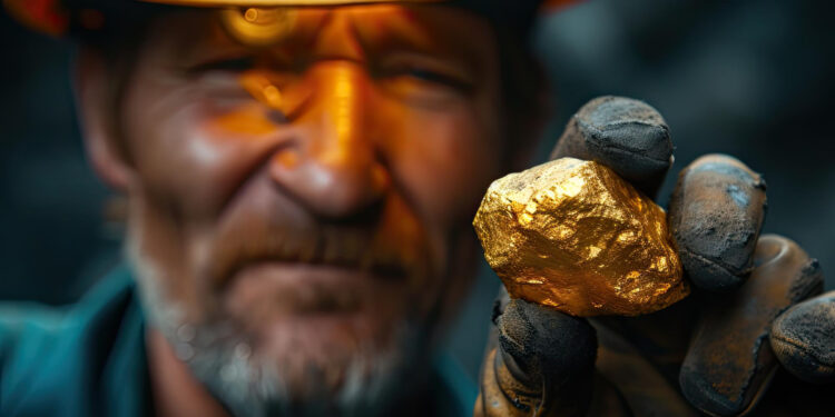 A miner wearing a yellow helmet and gloves holds up a large, shiny gold nugget, displaying it proudly. The miner’s face is out of focus, while the gold nugget is sharply in focus in the foreground. | GoldZeus.com