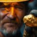 A miner wearing a yellow helmet and gloves holds up a large, shiny gold nugget, displaying it proudly. The miner’s face is out of focus, while the gold nugget is sharply in focus in the foreground. | GoldZeus.com